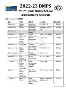 Cross Country schedule